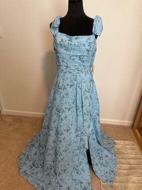 Sky Blue Floral Prom Gown with Ruched Bodice and Bow-Strap Details